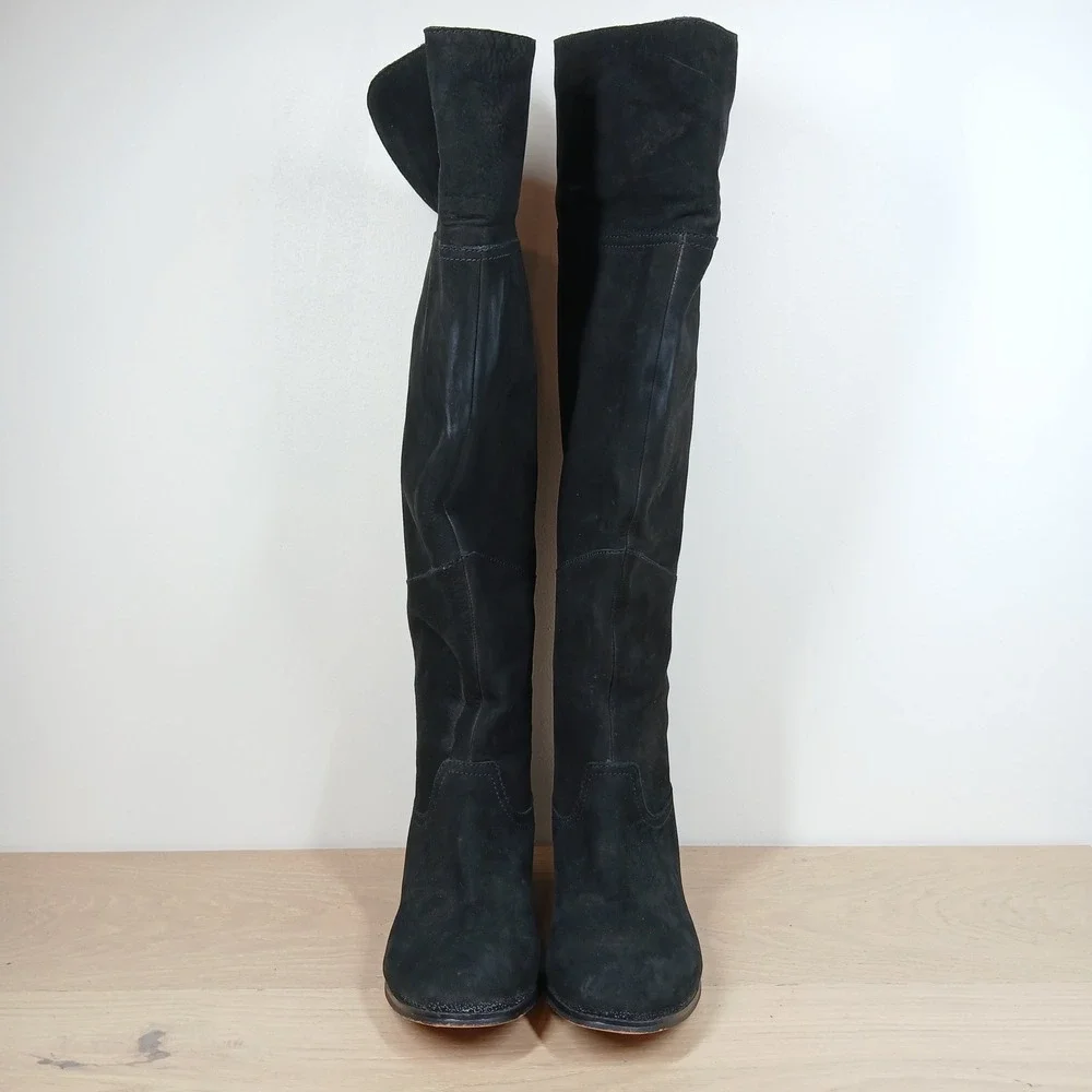 Wythe NY Rashel Over the Knee Boots Womens 7 Black Suede Side Zip Flat
